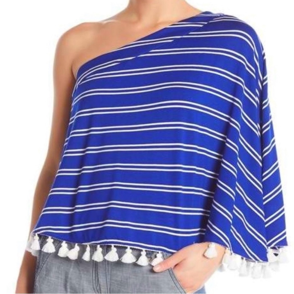 🏝️EUC - Trina Turk Pomona Top Women size XL - One shoulder Tassels Blue White